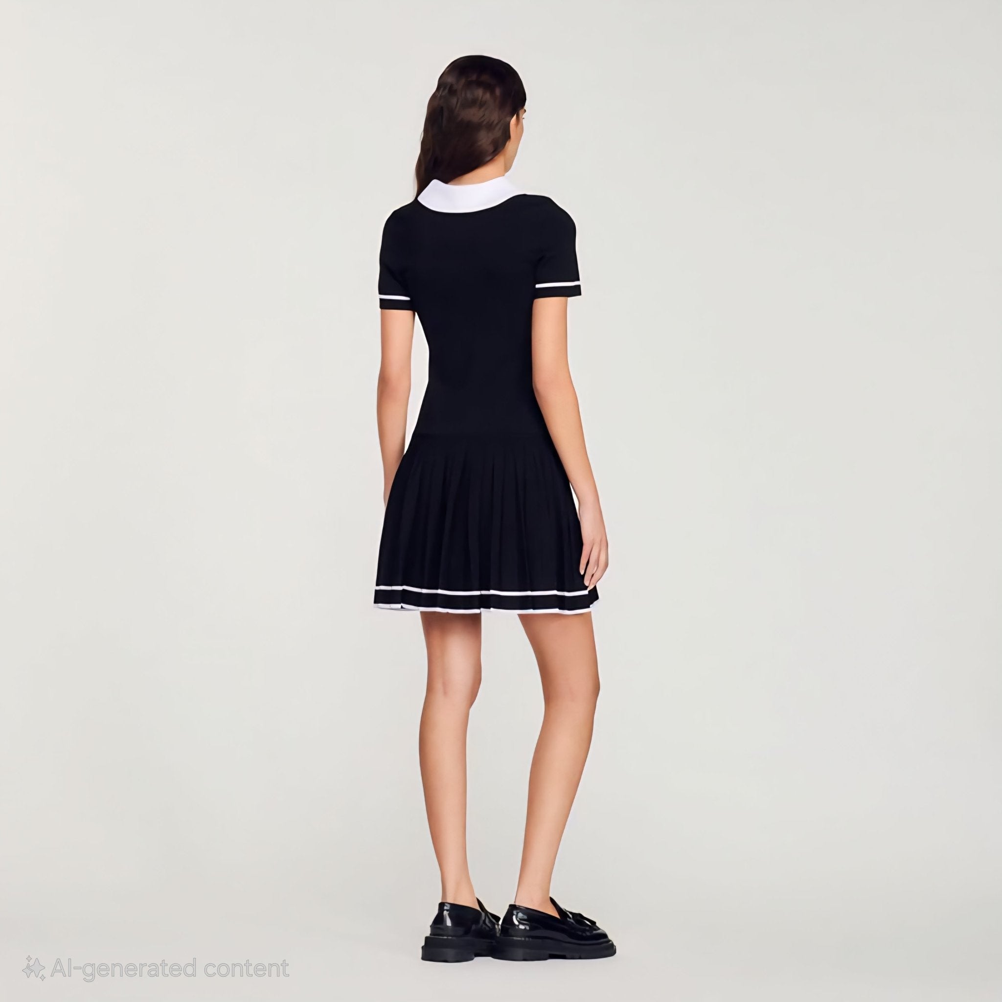 Collared Contrasting Pleated Knitted Mini Dress
