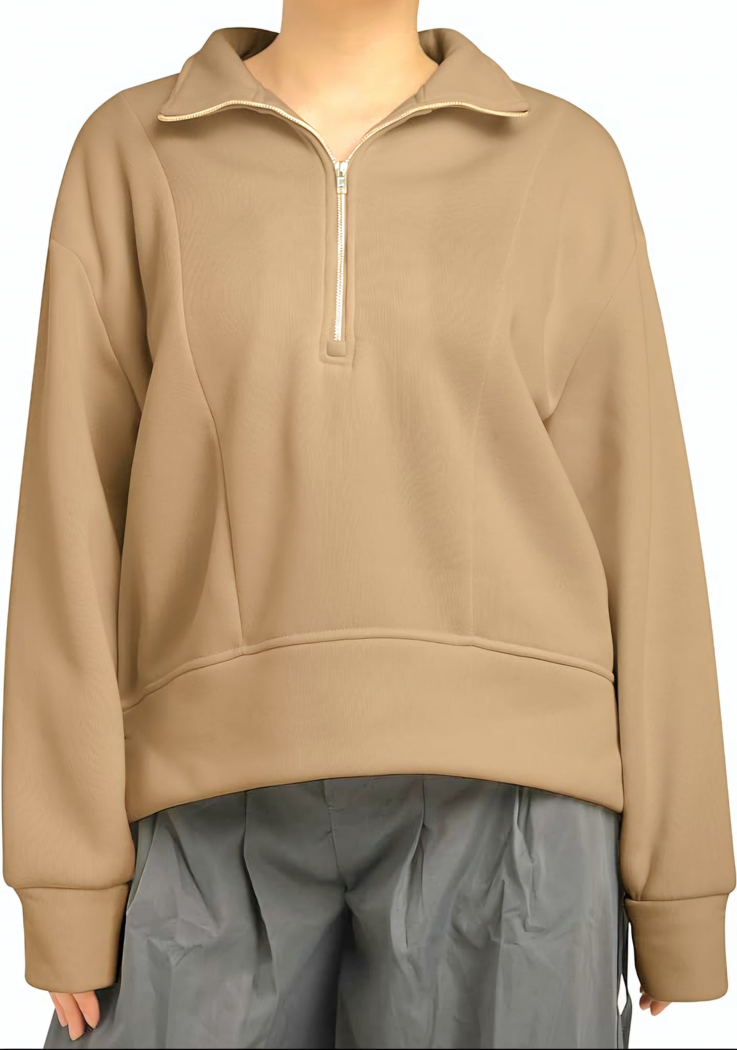 Cozy Light Brown Half-Zip Jersey Sweater