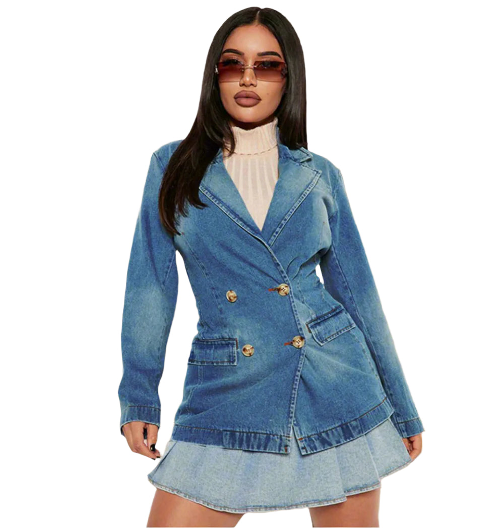 Elegant Double Breasted Denim Blazer – Chic & Timeless Style