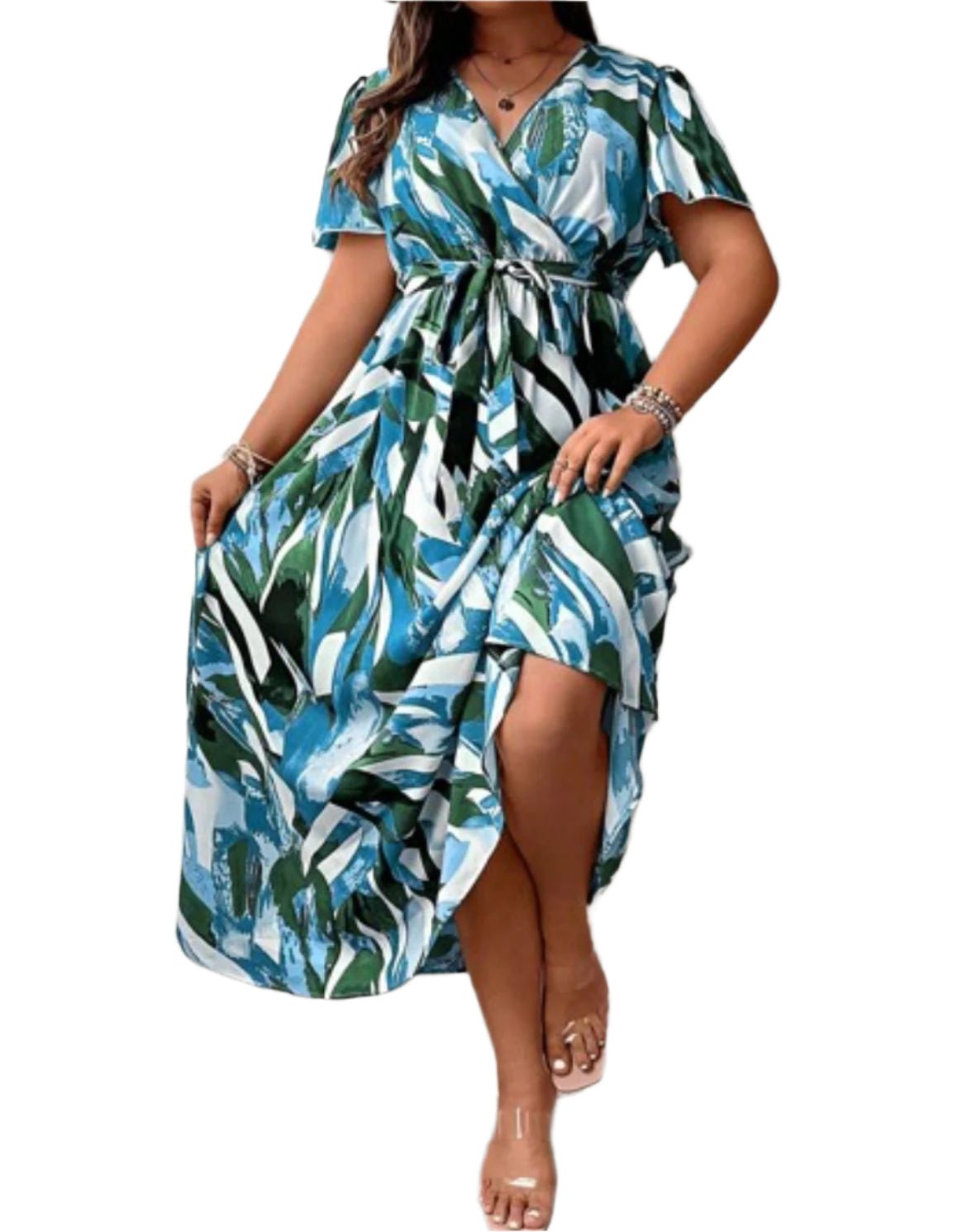 Short Sleeve Printed Maxi Dress with Belt
