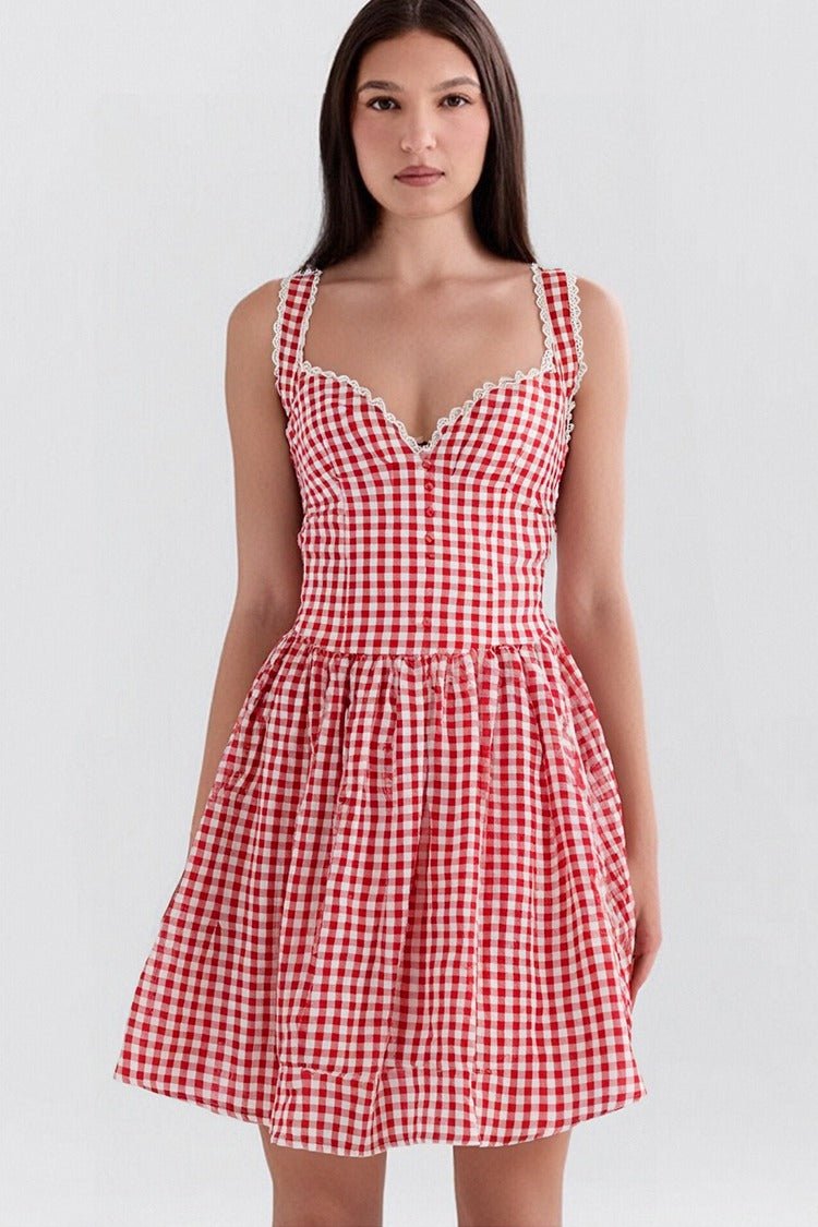 Gingham Lace-Trim Mini Dress – Sweetheart Bust & Flared Skirt