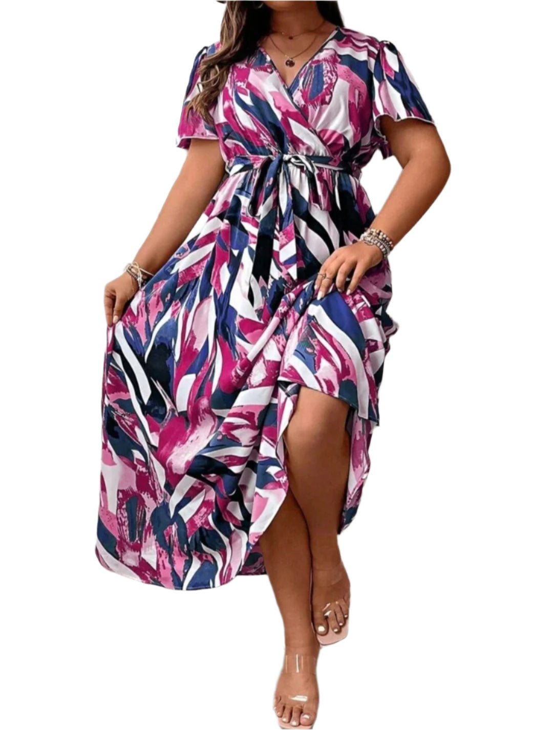 Short Sleeve Printed Maxi Dress with Belt