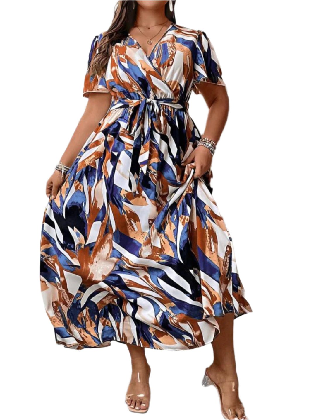 Short Sleeve Printed Maxi Dress with Belt