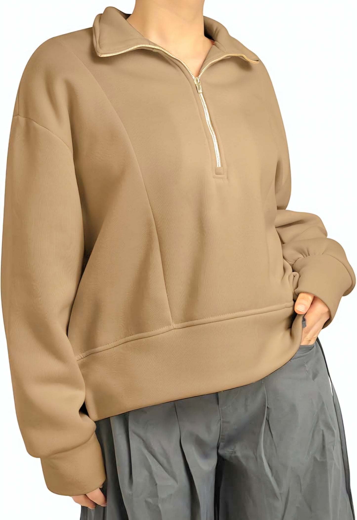 Cozy Light Brown Half-Zip Jersey Sweater