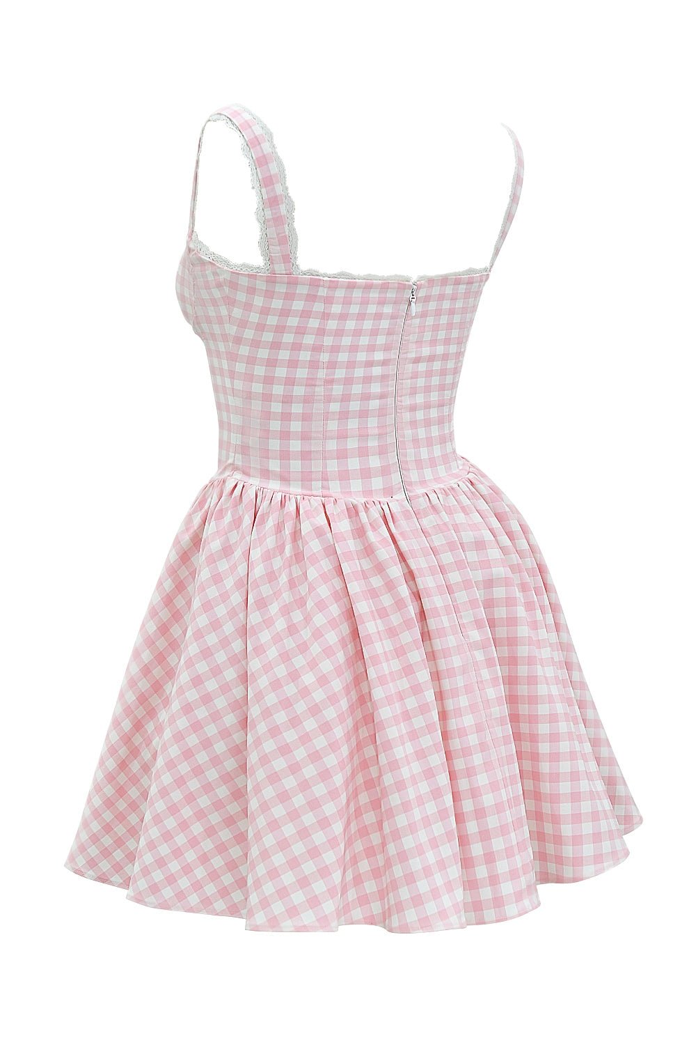 Gingham Lace-Trim Mini Dress – Sweetheart Bust & Flared Skirt