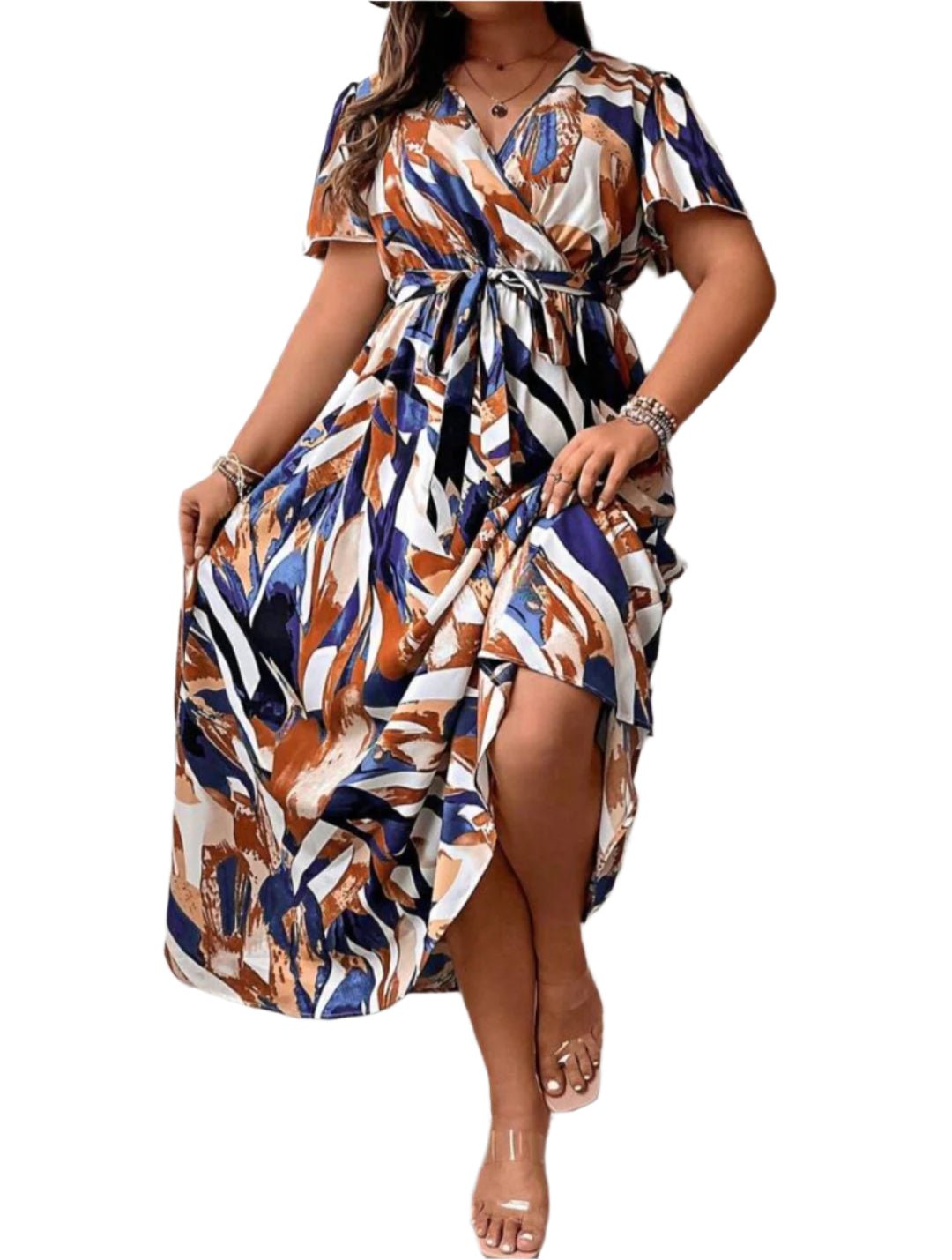 Short Sleeve Printed Maxi Dress with Belt