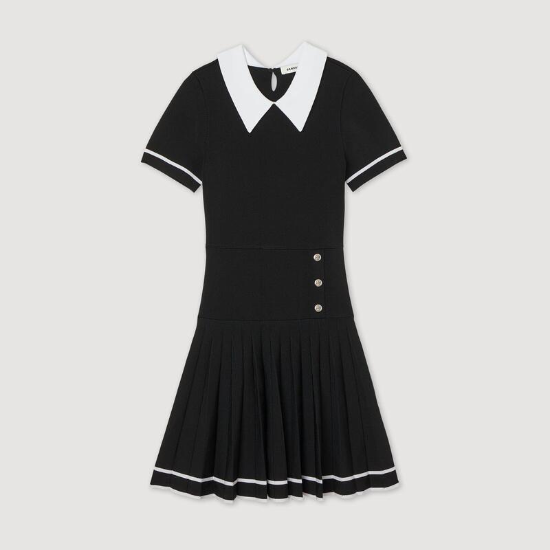 Collared Contrasting Pleated Knitted Mini Dress