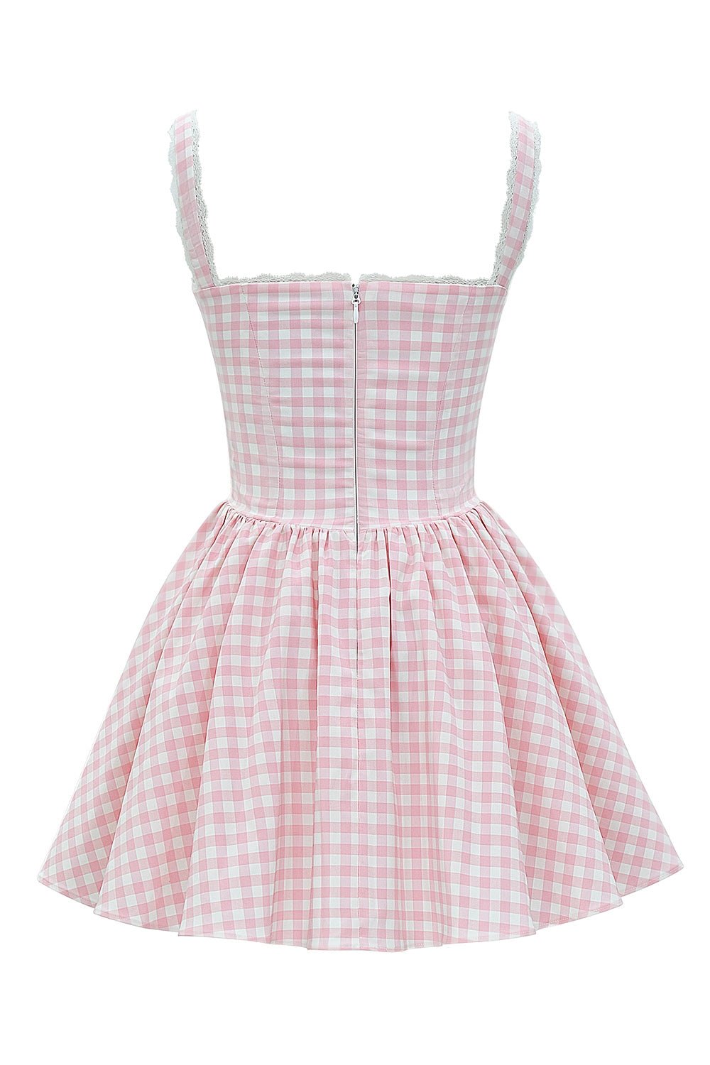 Gingham Lace-Trim Mini Dress – Sweetheart Bust & Flared Skirt