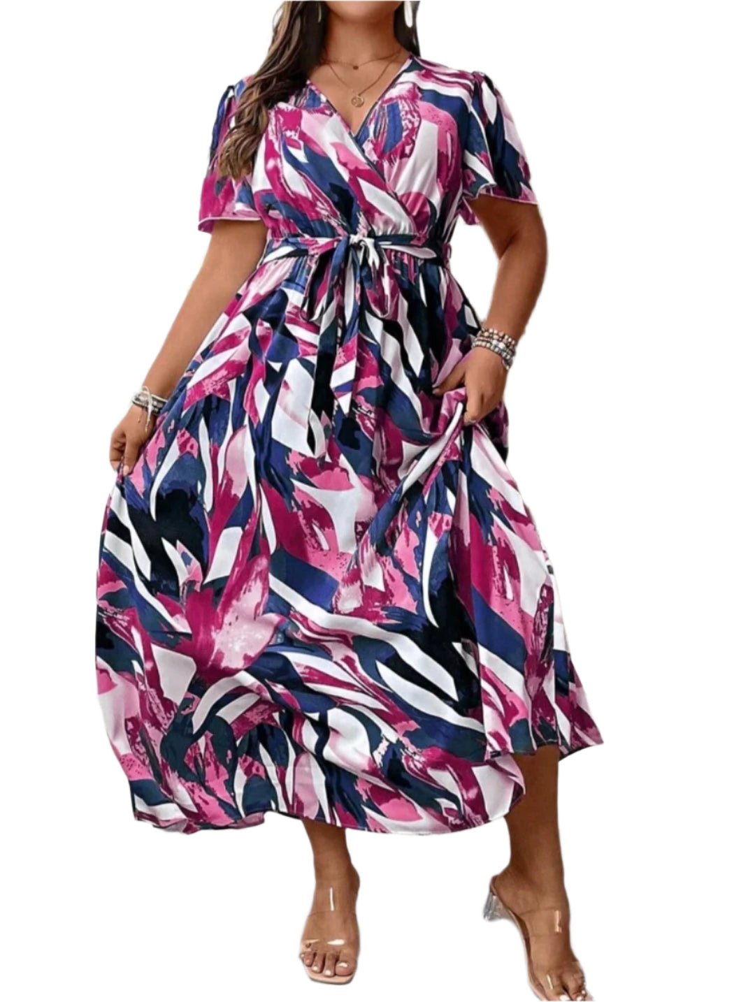 Short Sleeve Printed Maxi Dress with Belt