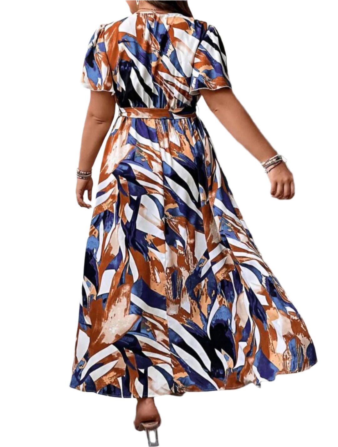 Short Sleeve Printed Maxi Dress with Belt