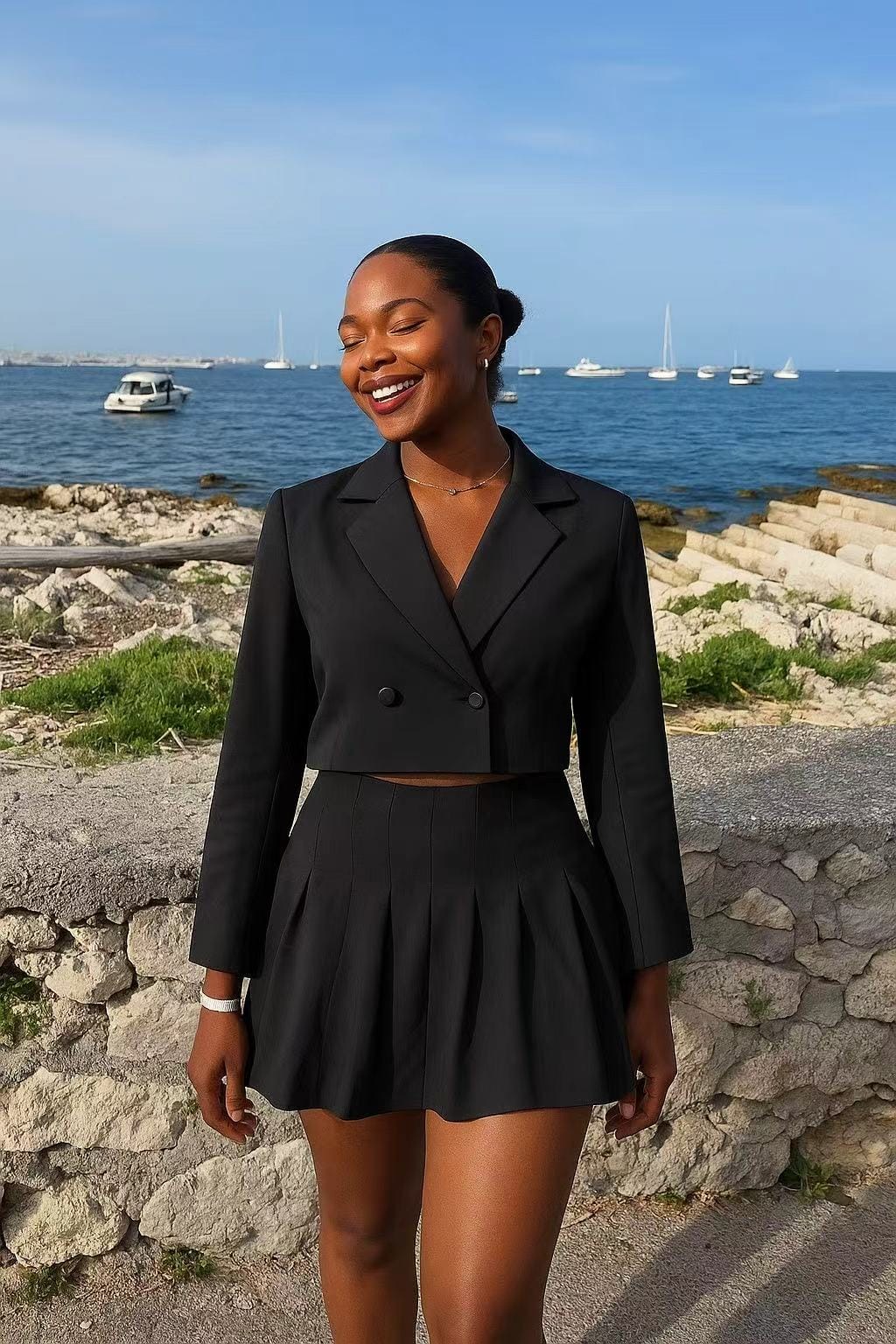 Two Piece Mini Skirt Crop Blazer Suit Set