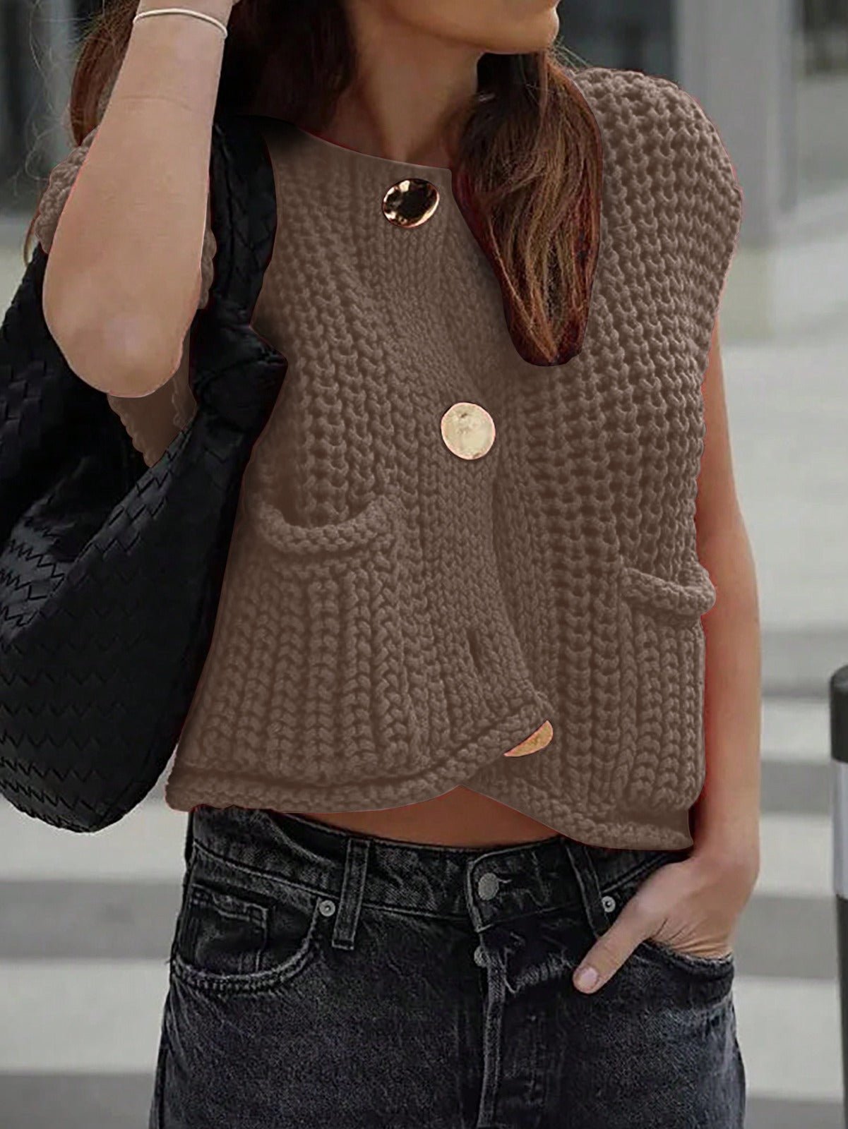 Knitted Sleeveless Cardigan with Front Pockets
