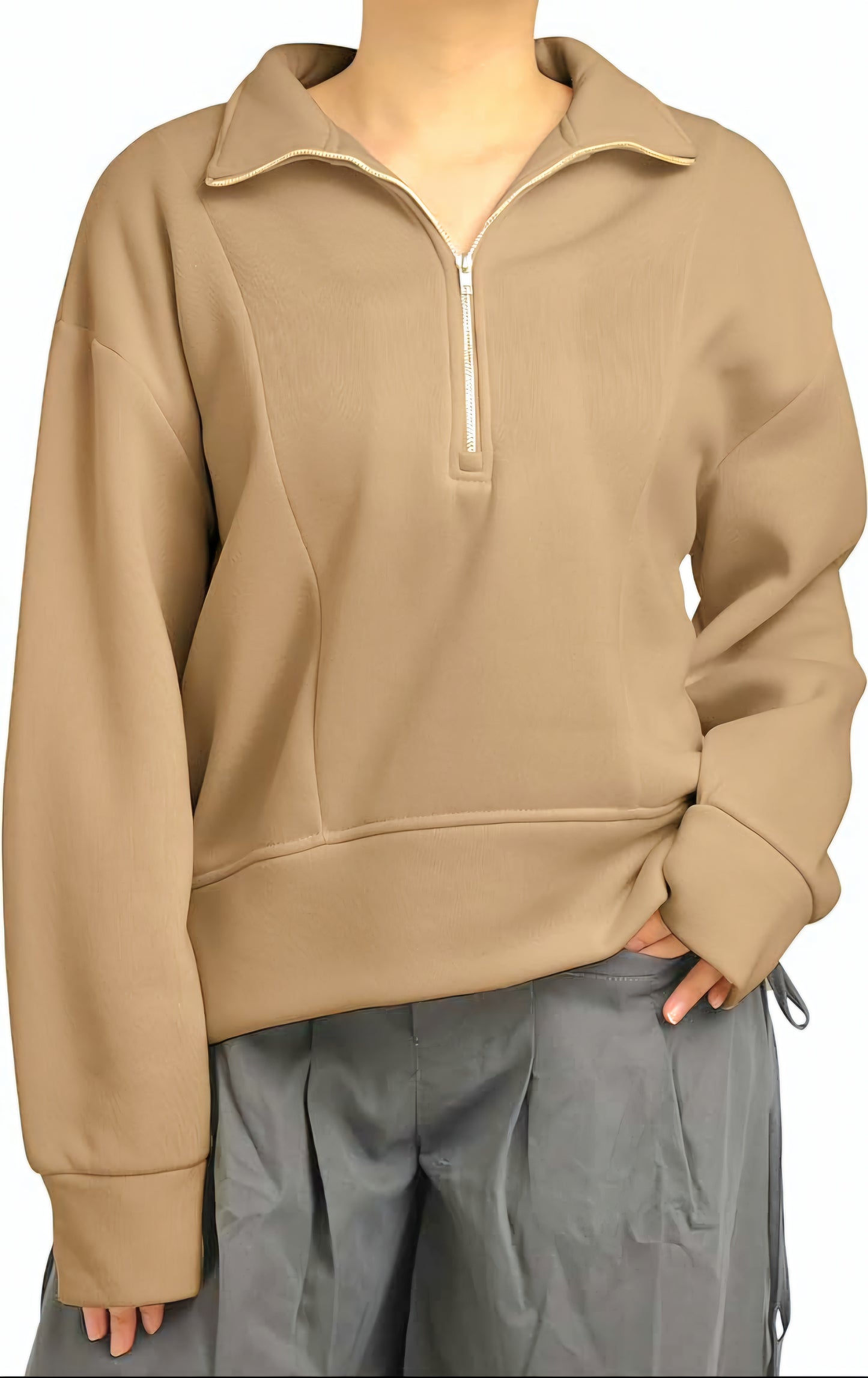 Cozy Light Brown Half-Zip Jersey Sweater