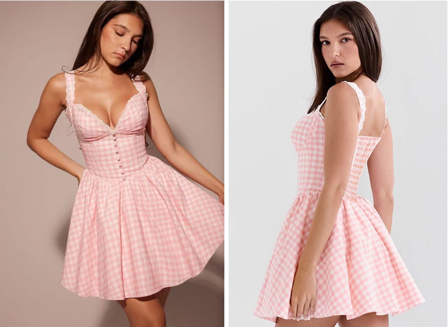 Gingham Lace-Trim Mini Dress – Sweetheart Bust & Flared Skirt