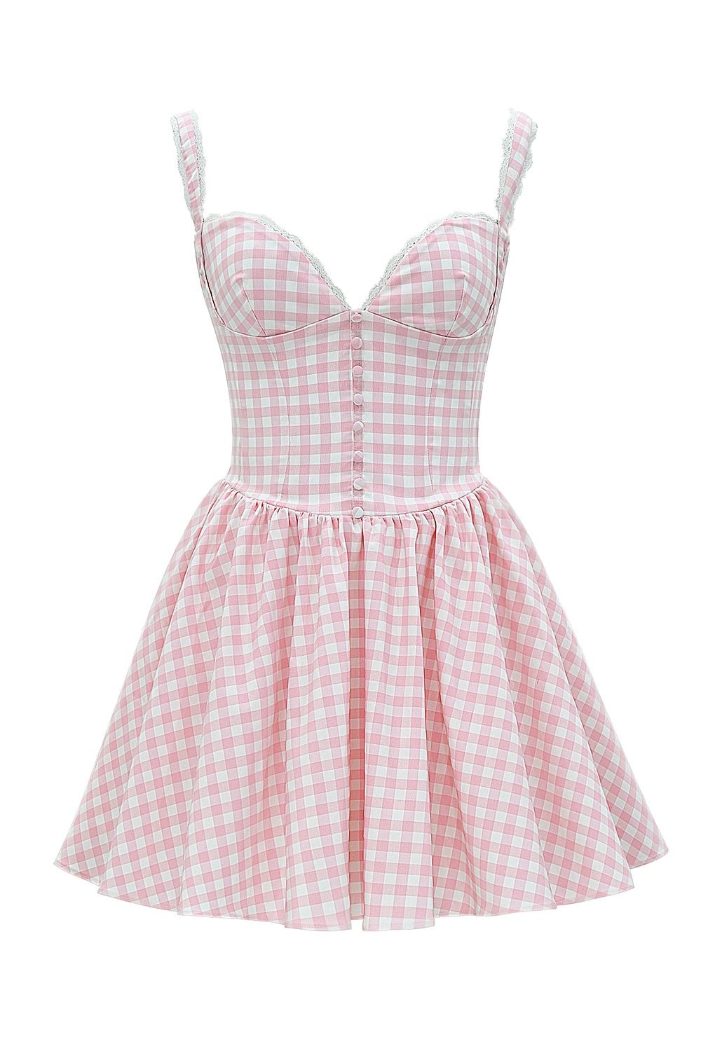 Gingham Lace-Trim Mini Dress – Sweetheart Bust & Flared Skirt
