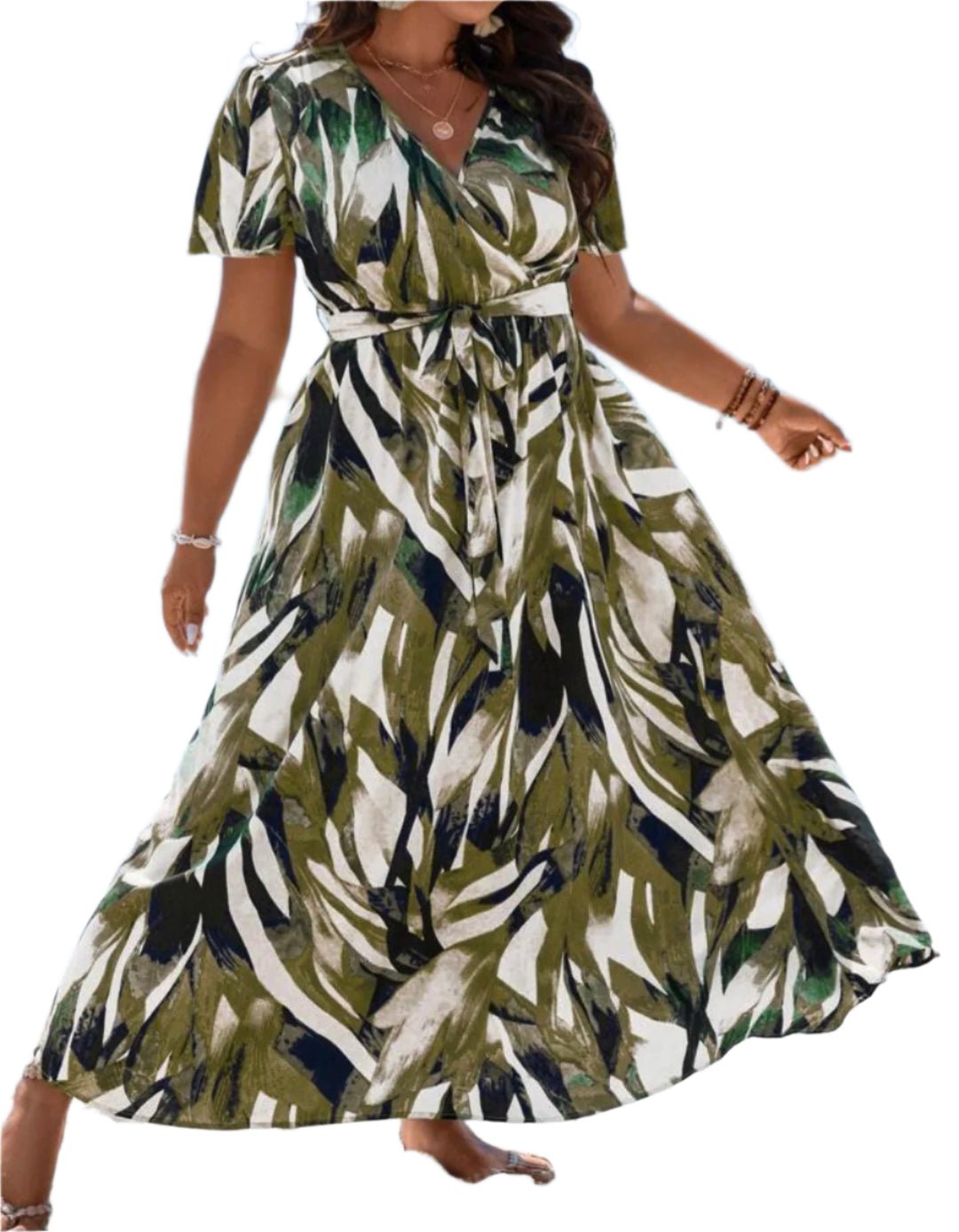 Short Sleeve Printed Maxi Dress with Belt
