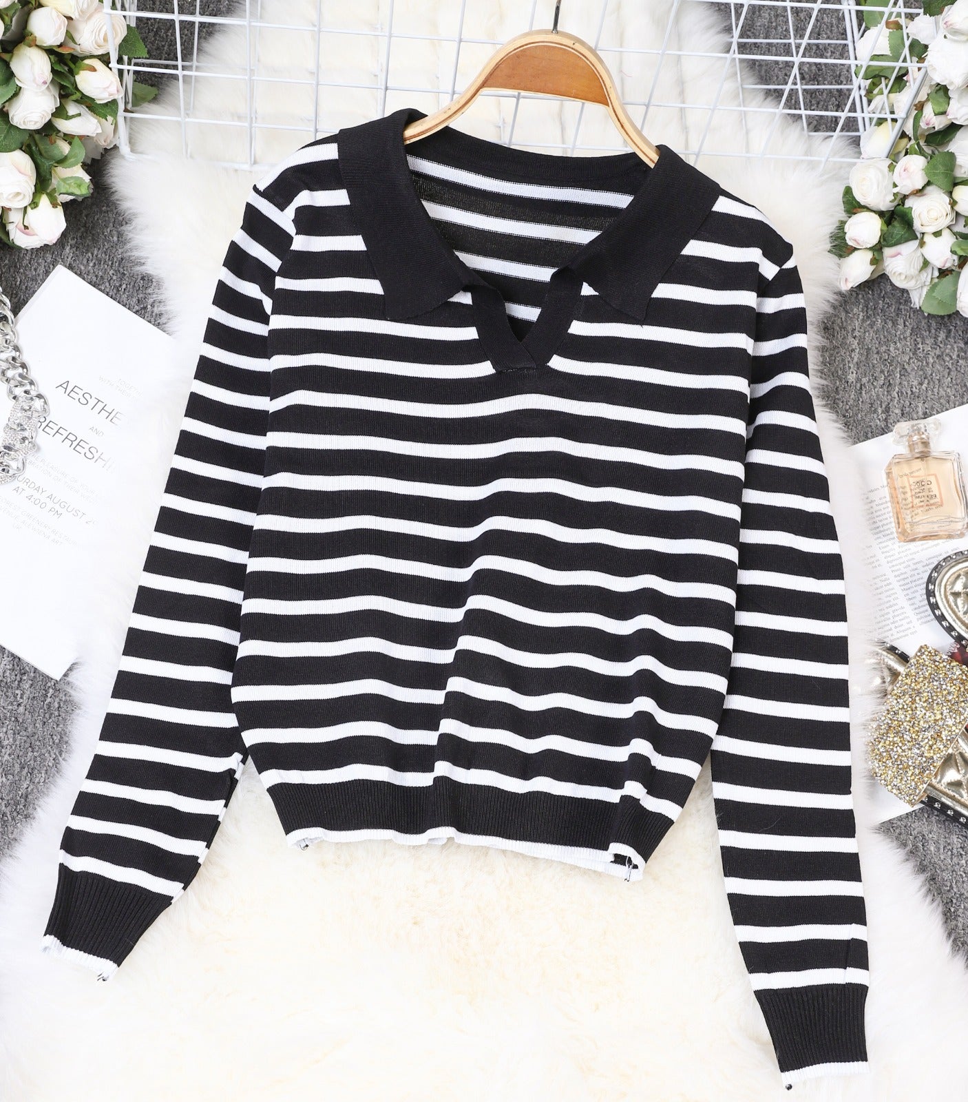 トップス GRVR GROVE MIA STRIPE COLLAR KNIT BK/BL Striped Collar Knit Sweater for Women | Shop Now | XD21