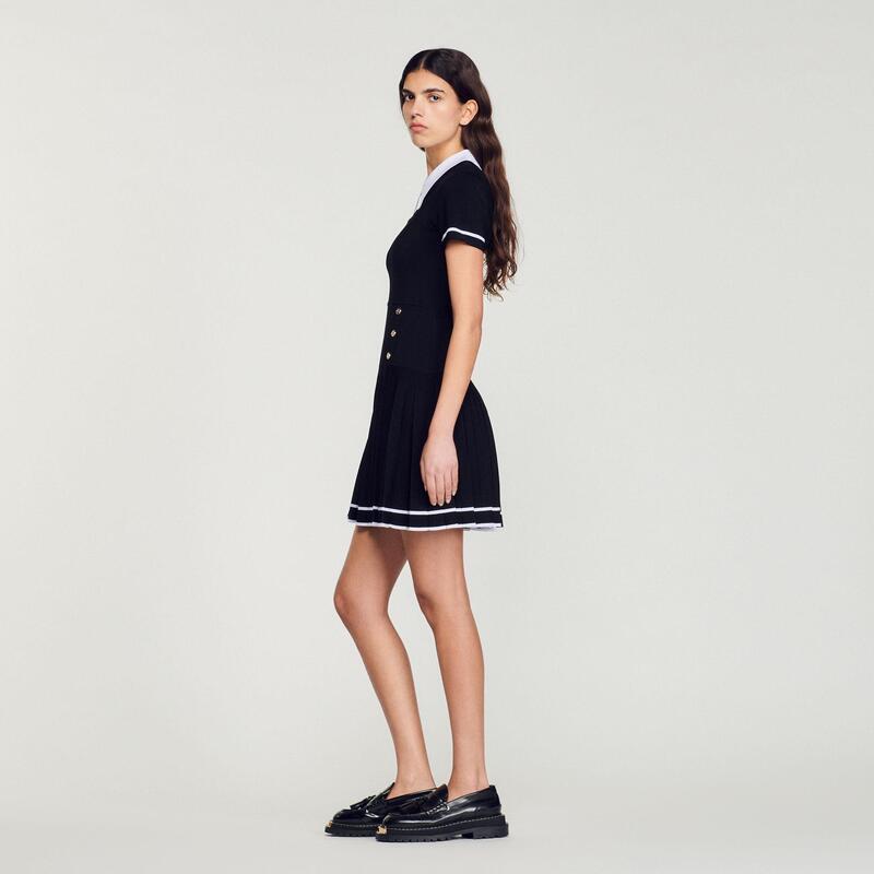 Collared Contrasting Pleated Knitted Mini Dress
