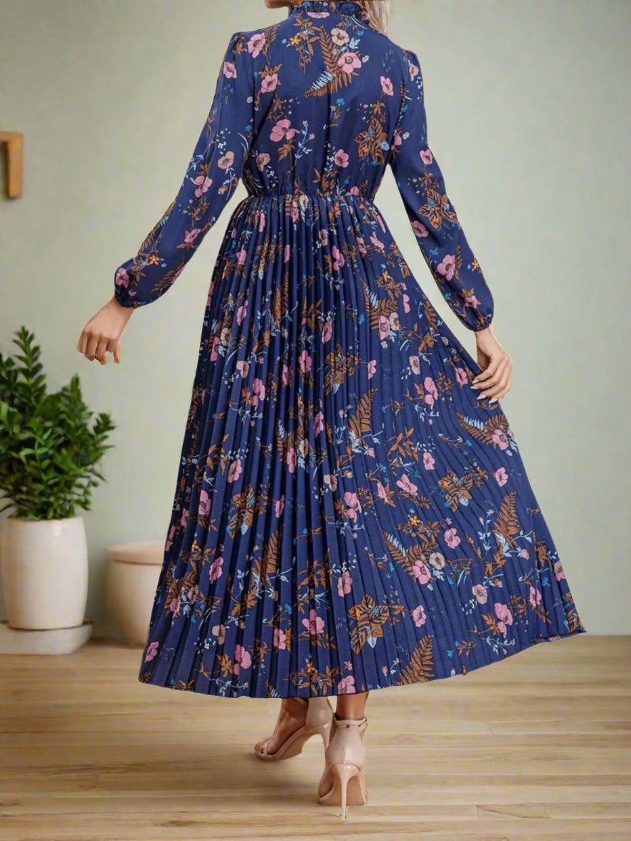 Elegant Floral Print Pleated Maxi Dress  High Waist Tie Neck Dress