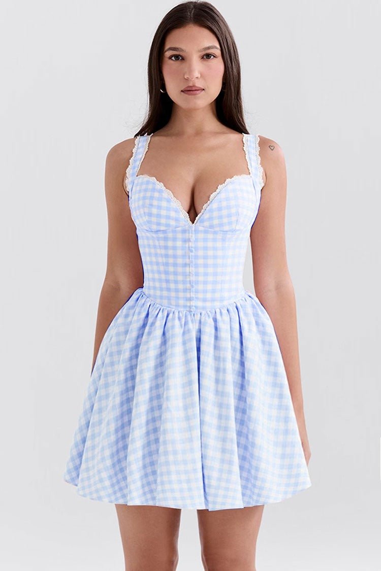 Gingham Lace-Trim Mini Dress – Sweetheart Bust & Flared Skirt