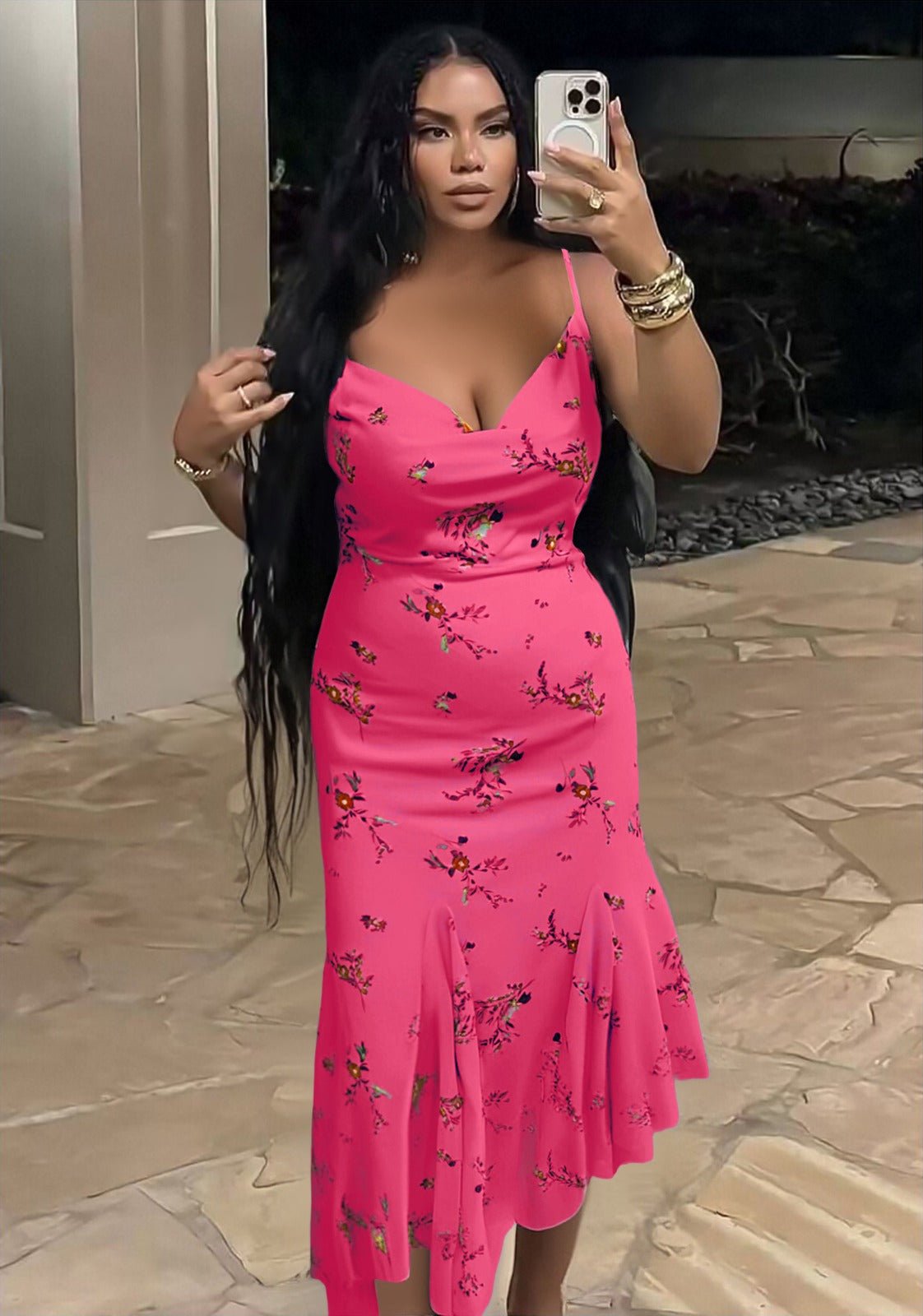 Floral Print Midi Dress with Spaghetti Straps and Flared Hem Detail