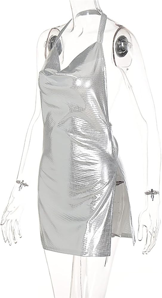 Metallic Halter Neck Backless Dress with Side Slits