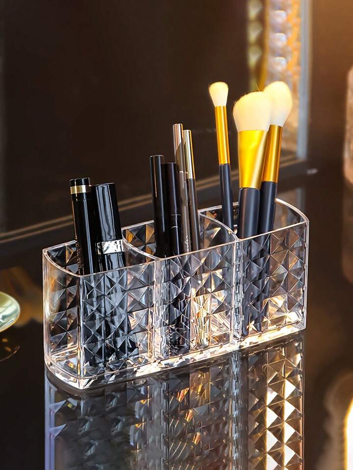 1pc Diamond Pattern Three-Grid Makeup Holder - Makeup Brush Storage