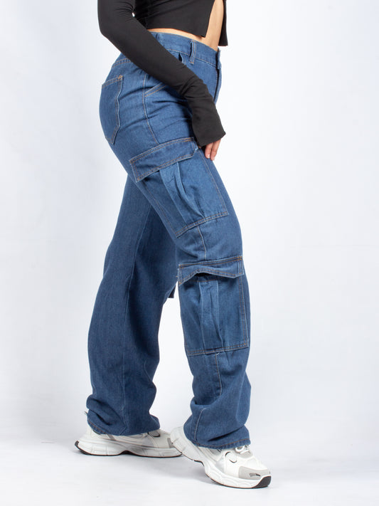 Trendy Blue Wide-Leg Cargo Denim Jeans with Utility Pockets - S500