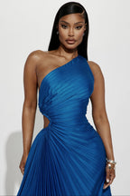 One-Shoulder Satin Pleated Maxi Dress
