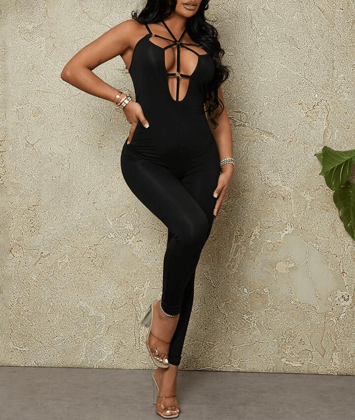 Cut Out Front Balck  Women's Jumpsuit
