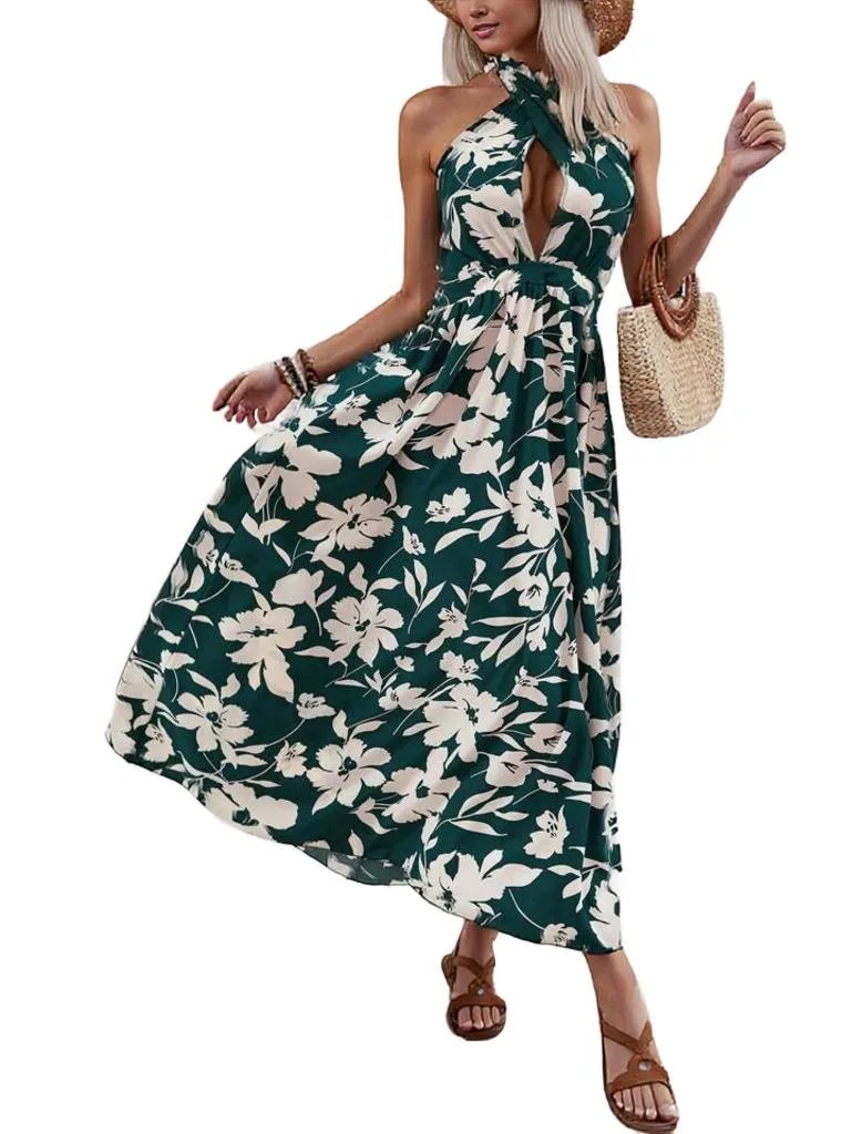 Green Floral Neck Wrap Maxi Dress