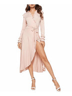 Ruffle Wrap Midi Dress – Elegant Long Sleeve Tie Waist