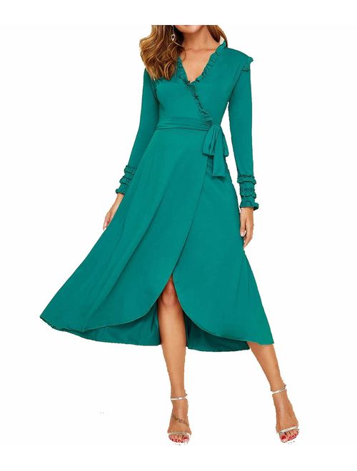 Ruffle Wrap Midi Dress – Elegant Long Sleeve Tie Waist