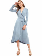 Ruffle Wrap Midi Dress – Elegant Long Sleeve Tie Waist