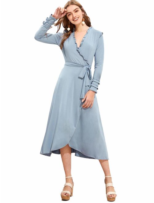 Ruffle Wrap Midi Dress – Elegant Long Sleeve Tie Waist
