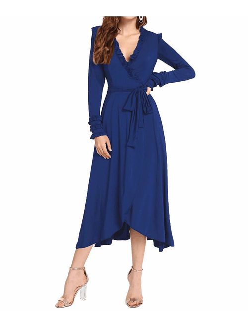 Ruffle Wrap Midi Dress – Elegant Long Sleeve Tie Waist
