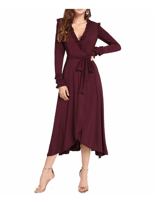 Ruffle Wrap Midi Dress – Elegant Long Sleeve Tie Waist
