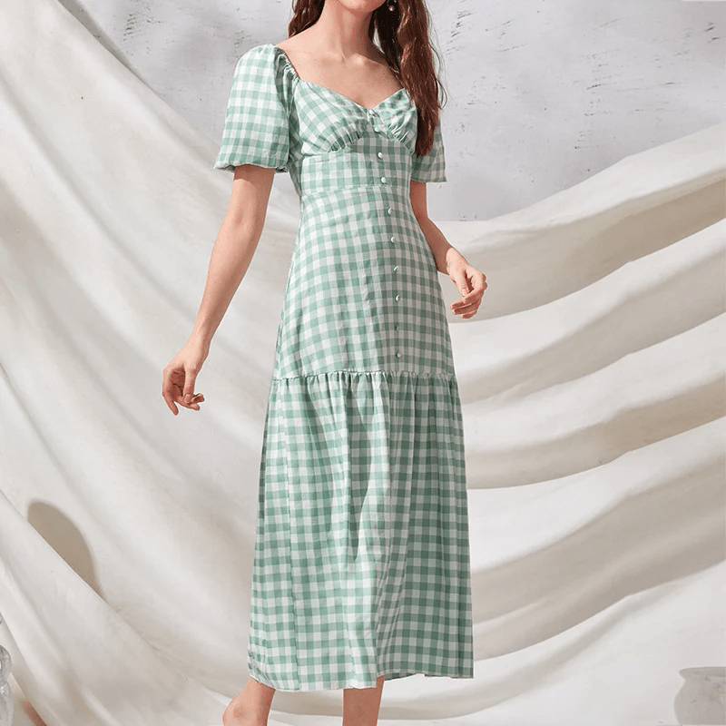 Gingham Puff Sleeve Midi Dress - Vintage & Chic