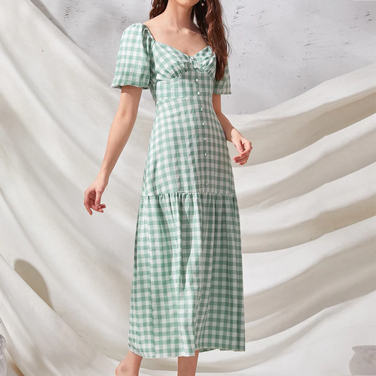 Gingham Puff Sleeve Midi Dress - Vintage & Chic