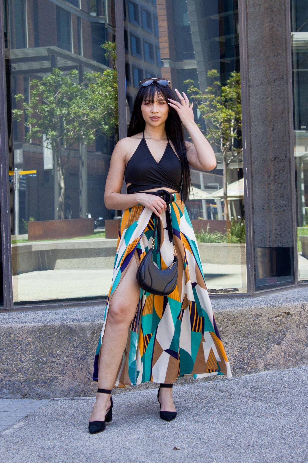 Geo Print Ruched Tie Backless Cami Top & Split Thigh Skirt Set