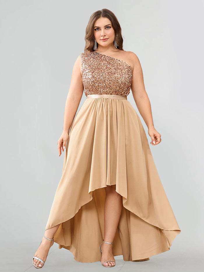 One-Shoulder Sequin High-Low Dress