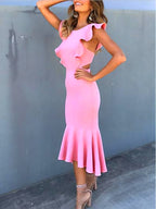 Ruffle Sleeve Mermaid Midi Dress – Elegant Bodycon Fit