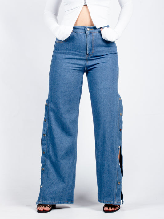 Stylish Blue High-Sraight Flare Jeans with Side Button Detail S619