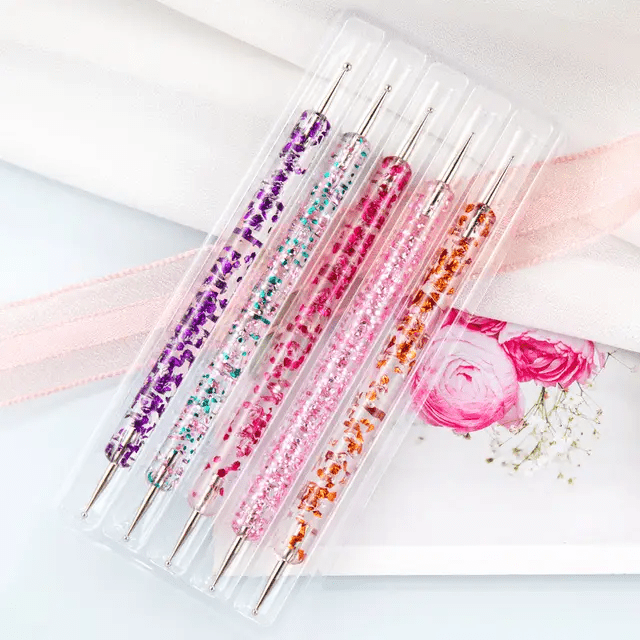 5-Piece Glitter Nail Art Dotting Tool Set - Double-Ended Precision Pens for DIY Nail Designs