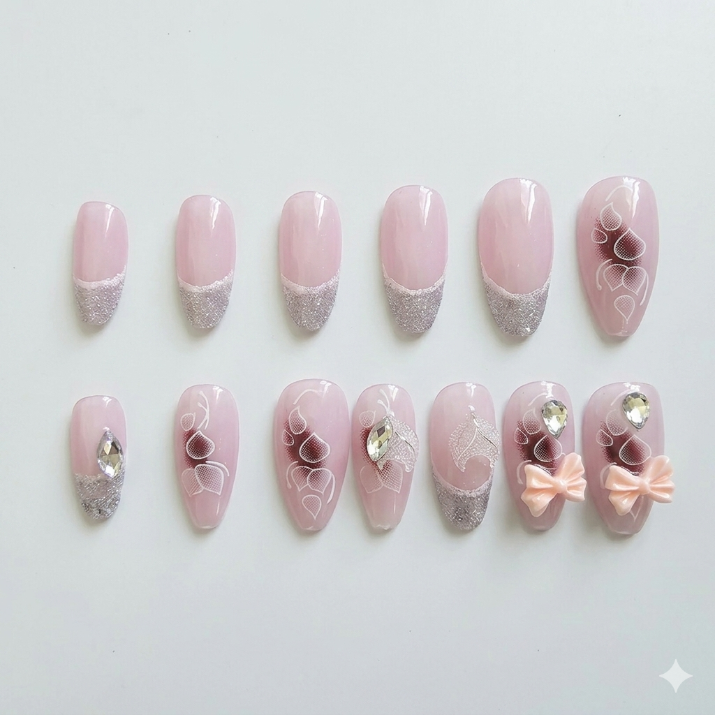 Luxury Bow Rhinestone Press-On Nails – Glam Artificial Nail Set