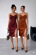 Satin Slip Midi Dress with Side Slit -Set of 2 dress