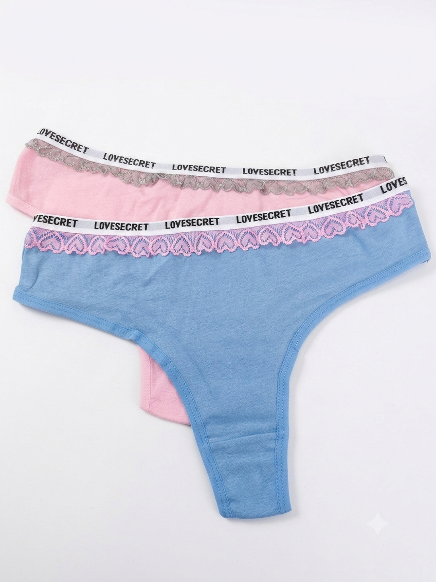 Women's Lace Trim Cotton Thong Panty 2PCs