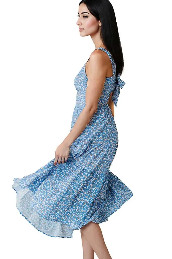 Ditsy Floral Open Tie-Back Sleeveless Midi Dress – Chic & Feminine