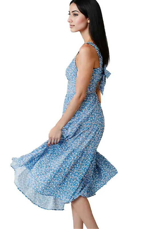 Ditsy Floral Open Tie-Back Sleeveless Midi Dress – Chic & Feminine
