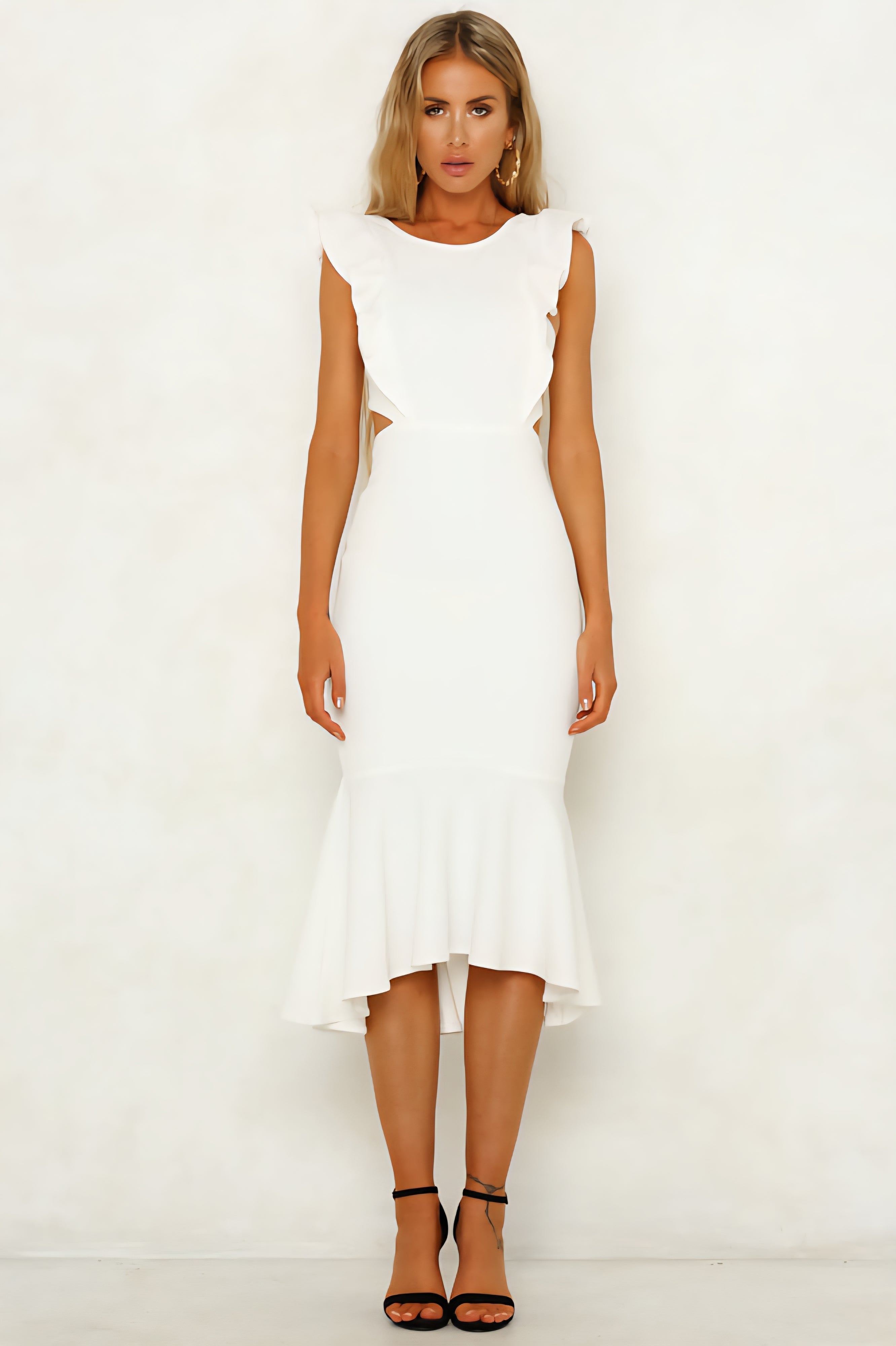 Ruffle Sleeve Mermaid Midi Dress – Elegant Bodycon Fit